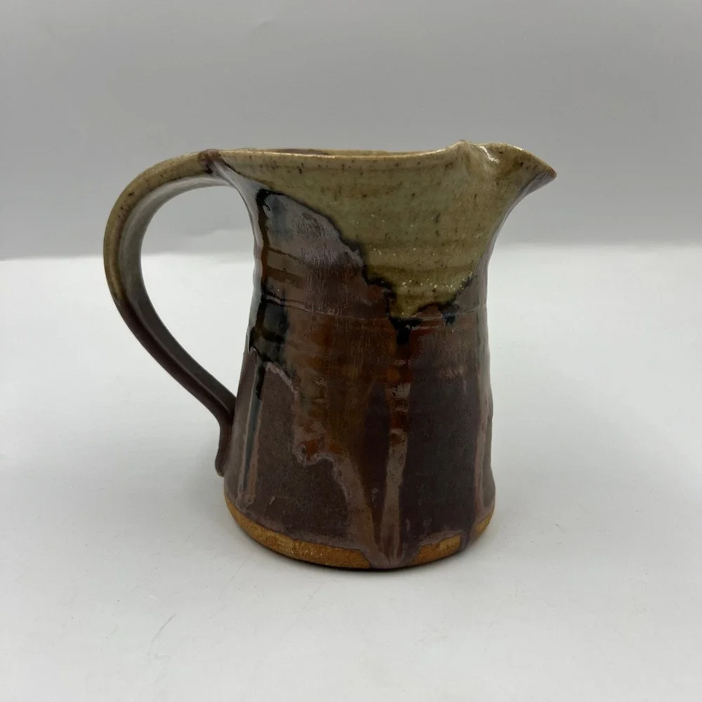 Vtg Handmade Stoneware Pitcher Brown Tan Drip Glaze Signed Studio Pottery